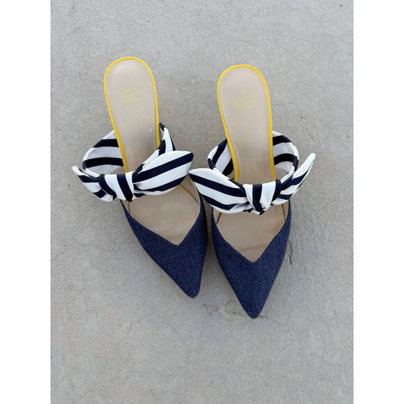 CAbi Women's Navy Blue & White Striped Bow Yellow kitten Heels Mule, Sz 8M - Picture 2 of 6